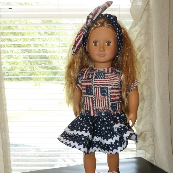 Red White Blue Doll Dress and Head Band for 18 inch Dolls Hand Crafted - Picture 3 of 16
